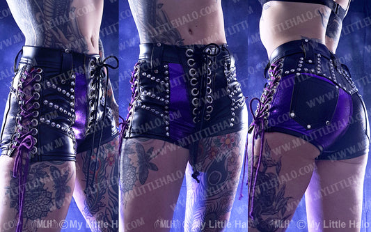 Purple/Black Lace Up High Waist Shorts