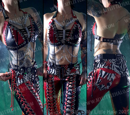 #19 Red & Black Spiked Harness Bikini Halter