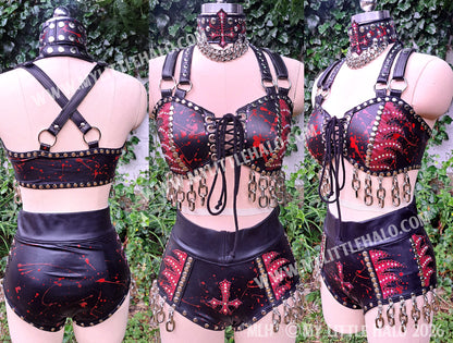 Red Flame, Blood Spatter & Chain 3 Piece Set – Bralette, Hotpants & Choker