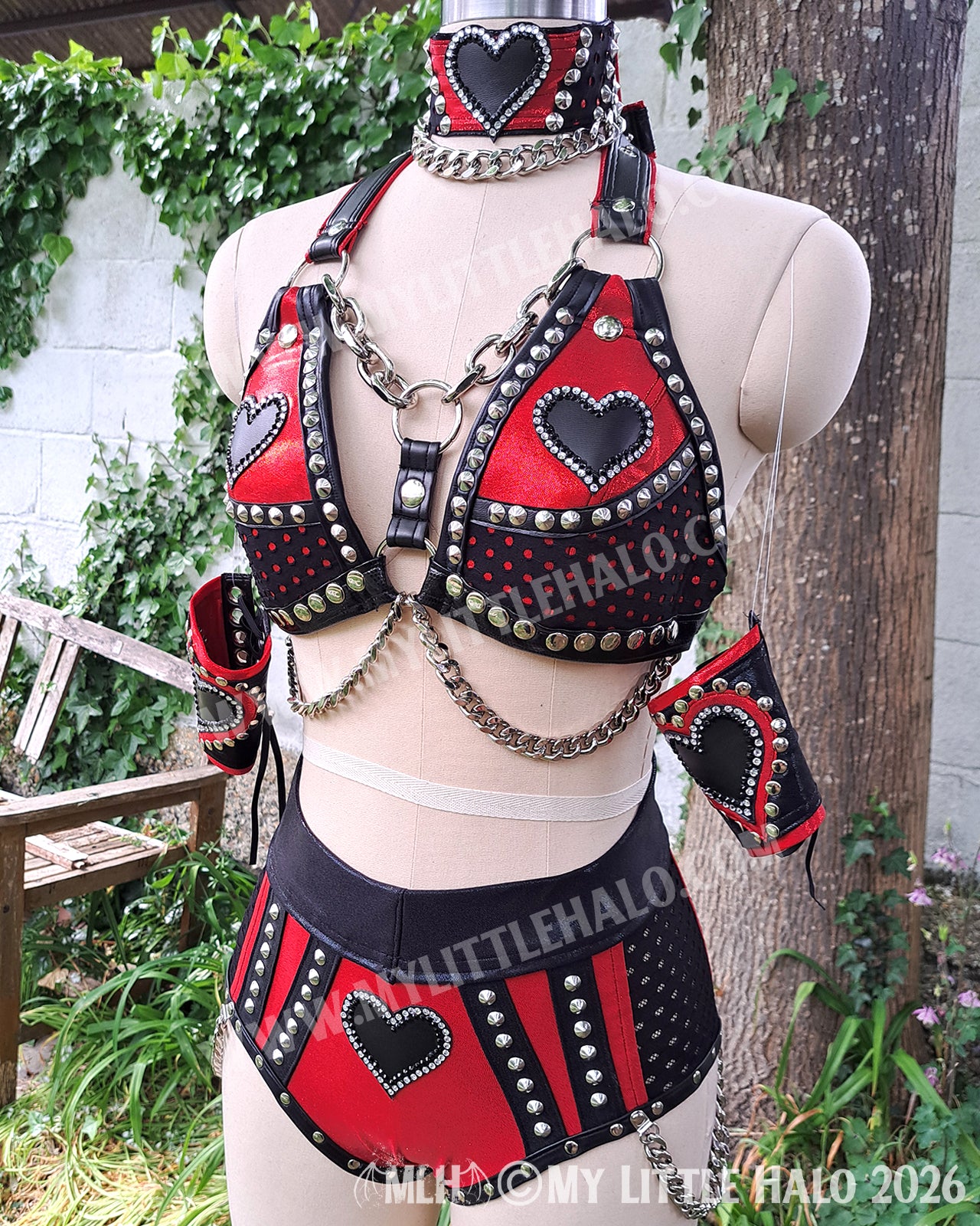 Red & Black Fishnet & Black Heart Wrestling Set