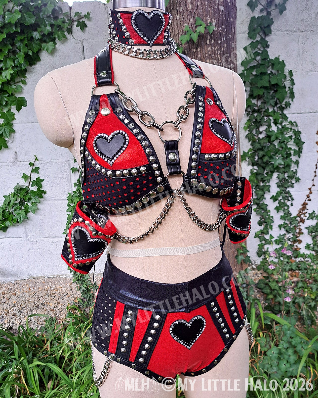Red & Black Fishnet & Black Heart Wrestling Set