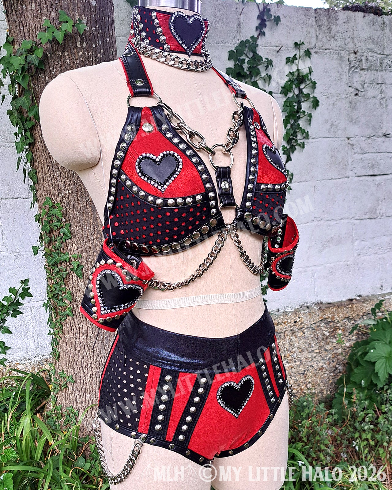 Red & Black Fishnet & Black Heart Wrestling Set