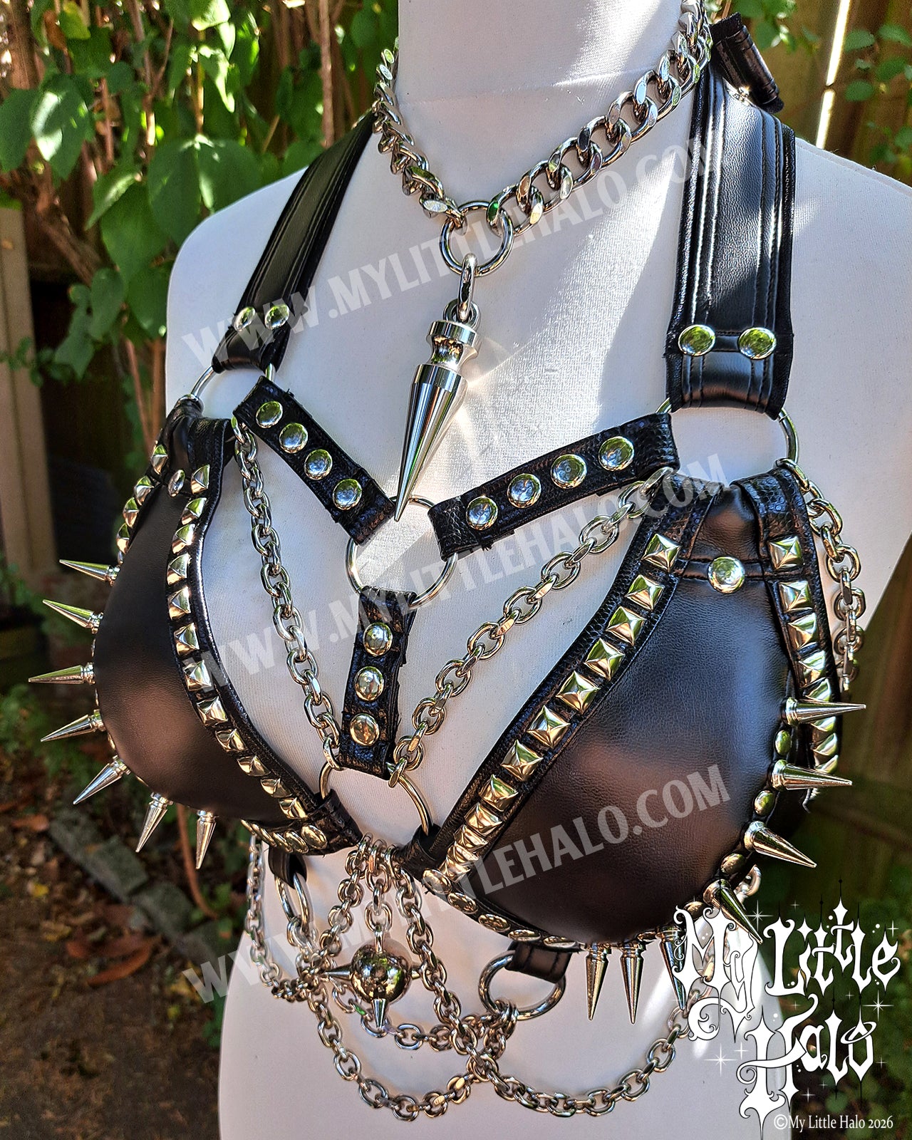 Black Faux Leather Spikes & Chains Bikini Top