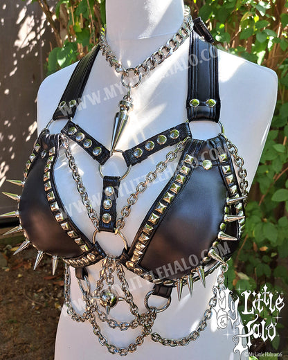 Black Faux Leather Spikes & Chains Bikini Top