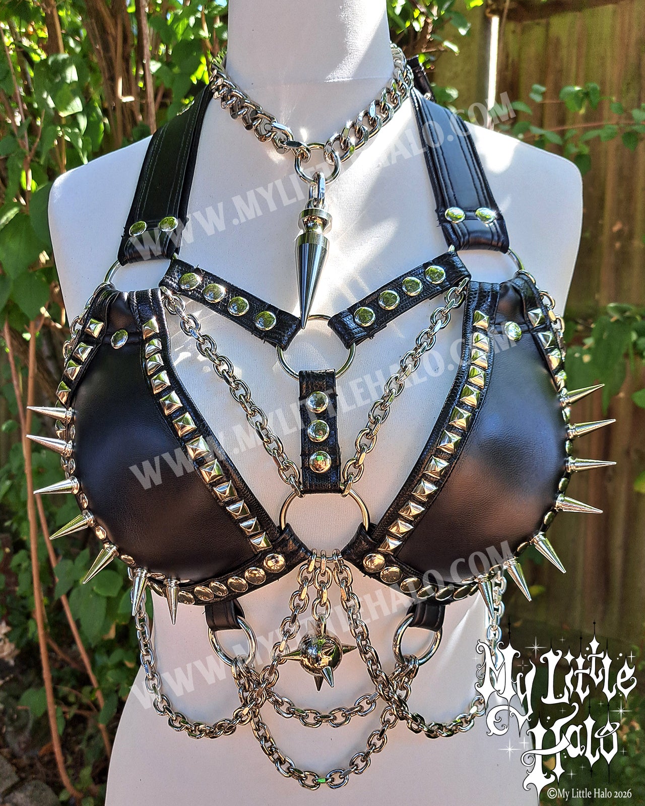 Black Faux Leather Spikes & Chains Bikini Top