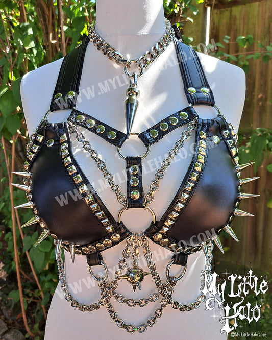 Black Faux Leather Spikes & Chains Bikini Top