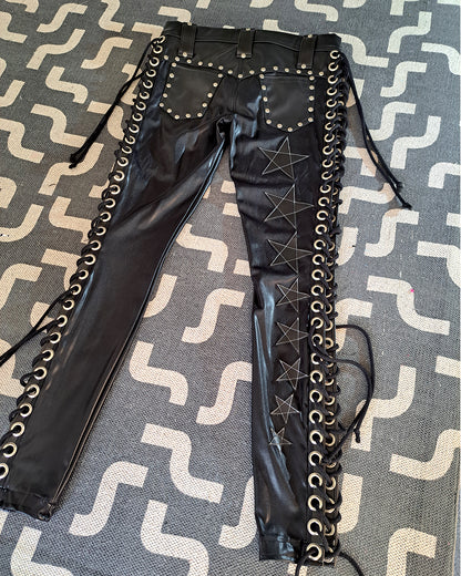 Wet Look Black Lace up Star Pants (Size M/L)