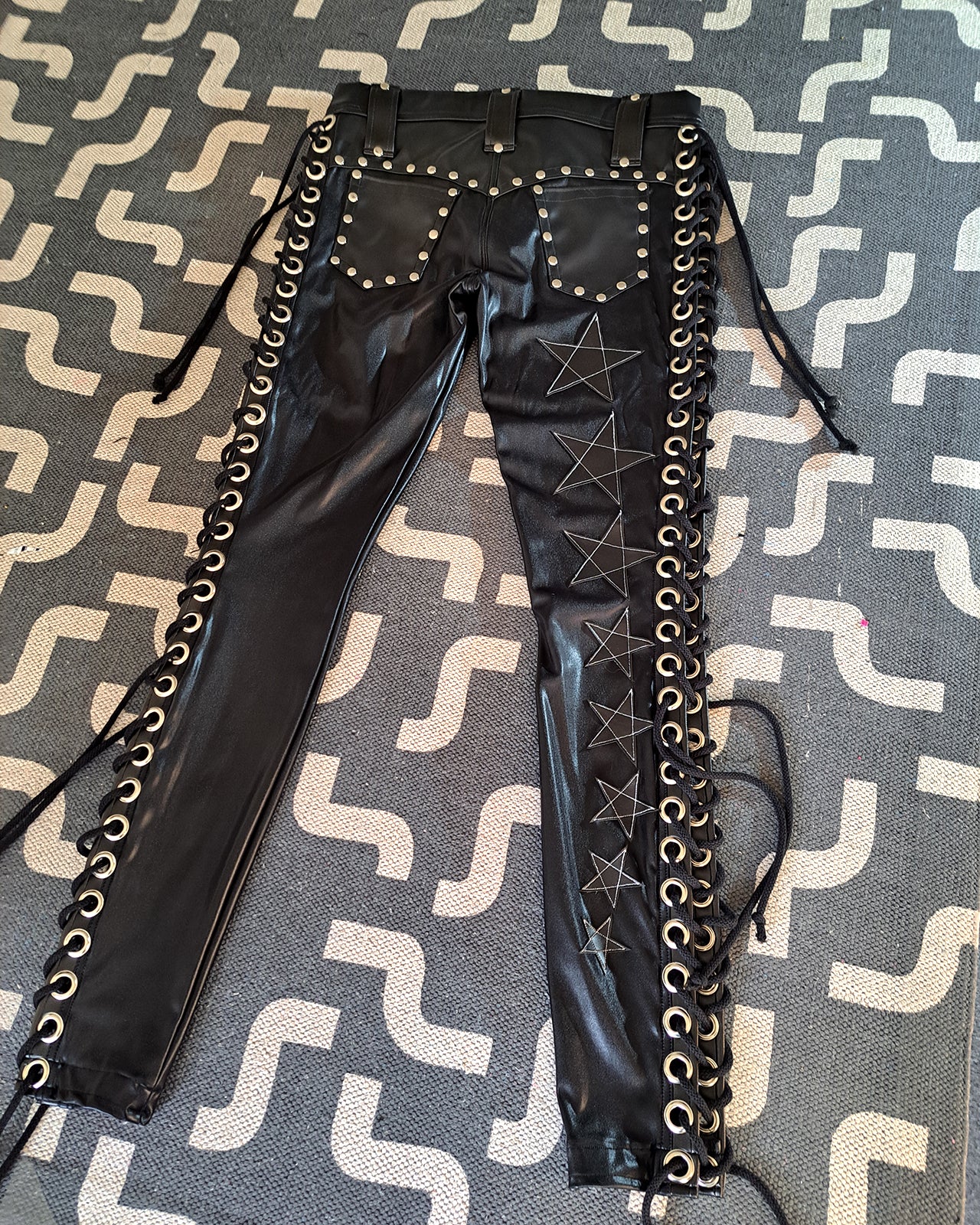 Wet Look Black Lace up Star Pants (Size M/L)