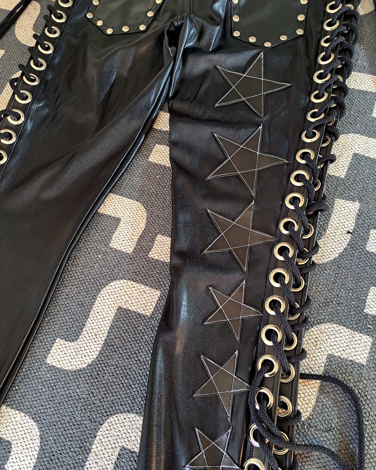 Wet Look Black Lace up Star Pants (Size M/L)