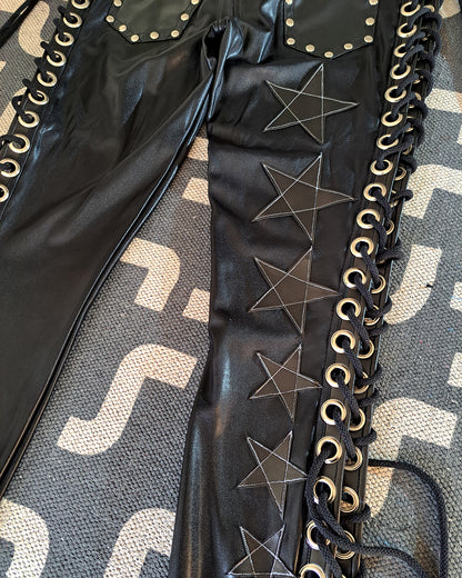 Wet Look Black Lace up Star Pants (Size M/L)