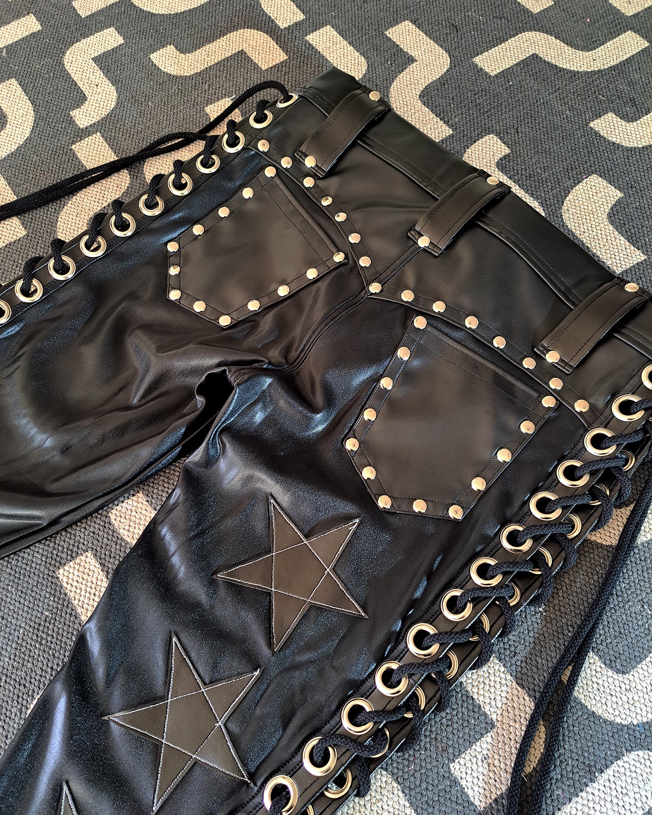 Wet Look Black Lace up Star Pants (Size M/L)