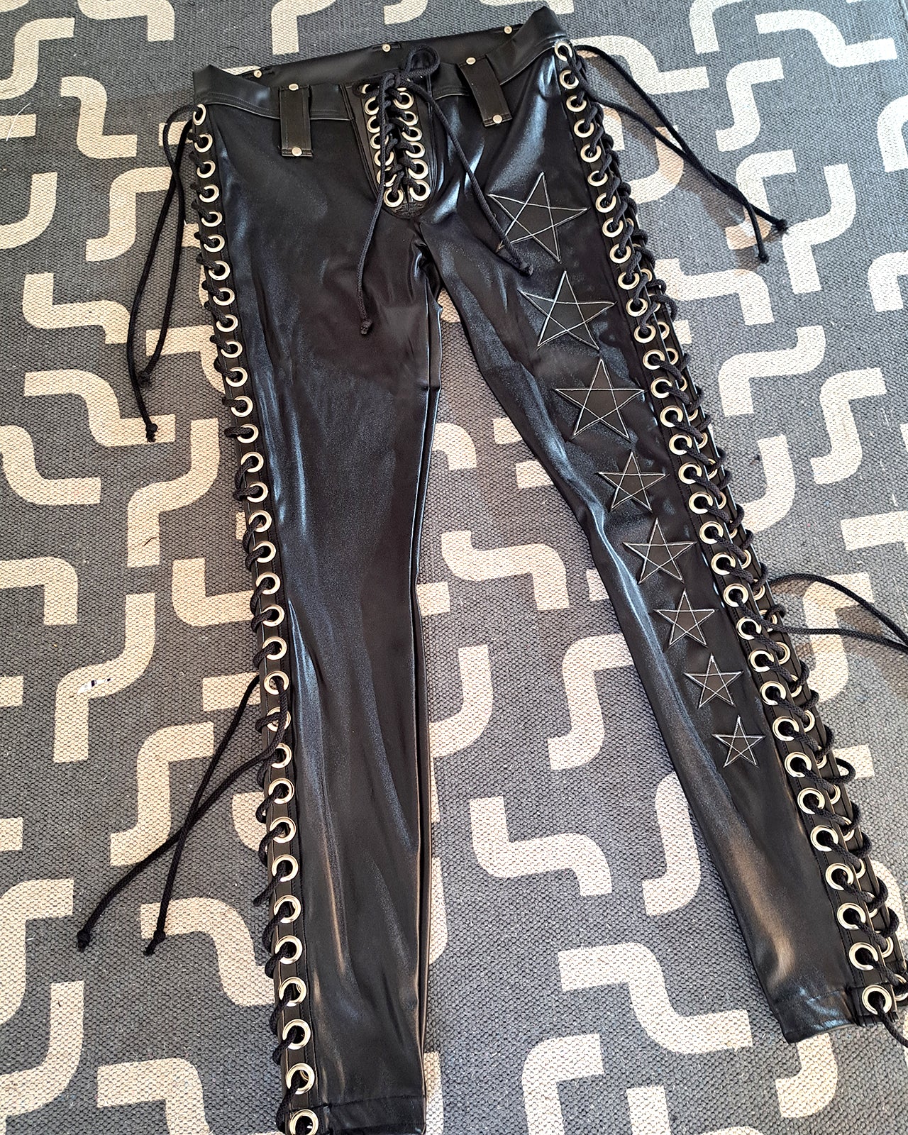 Wet Look Black Lace up Star Pants (Size M/L)