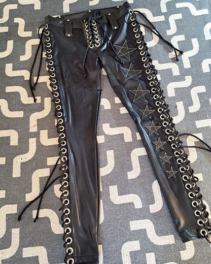 Wet Look Black Lace up Star Pants (Size M/L)