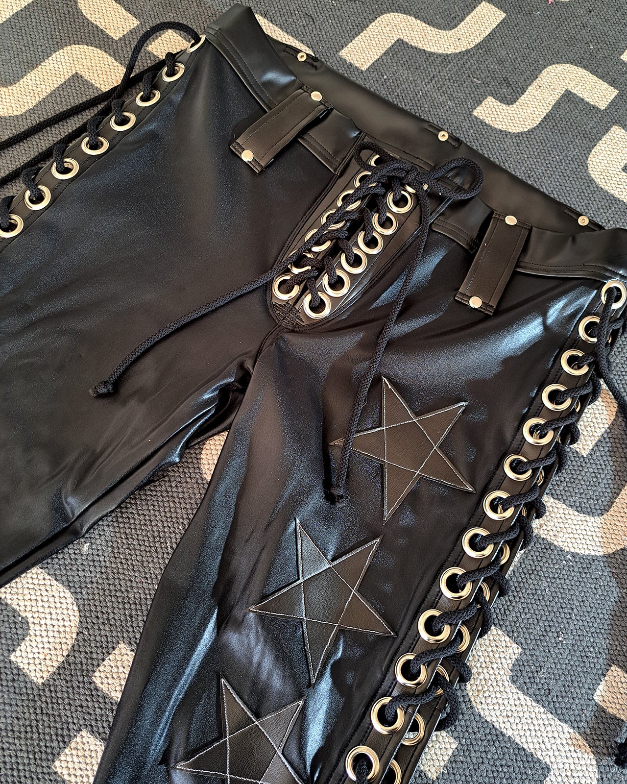 Wet Look Black Lace up Star Pants (Size M/L)