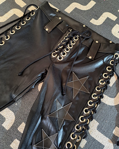 Wet Look Black Lace up Star Pants (Size M/L)