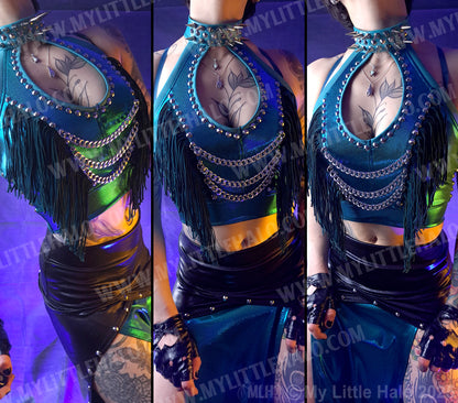 #17 Spiked & Fringed Teal Peephole Halter Top
