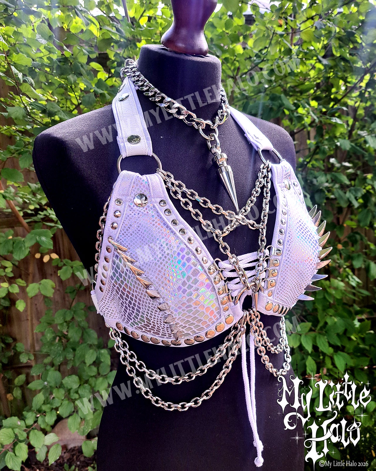 White Holographic Snakeskin Dragonclaw Spiked Bikini Top