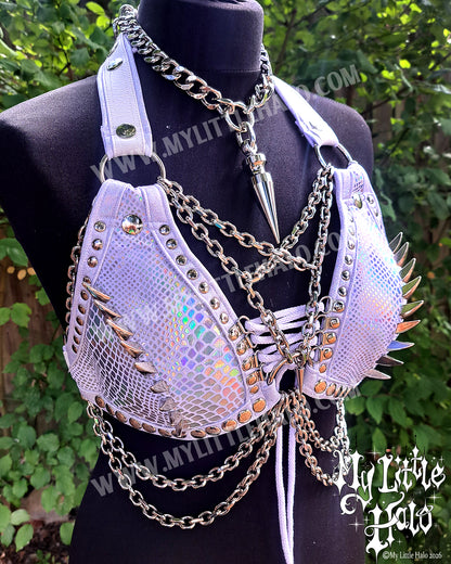 White Holographic Snakeskin Dragonclaw Spiked Bikini Top