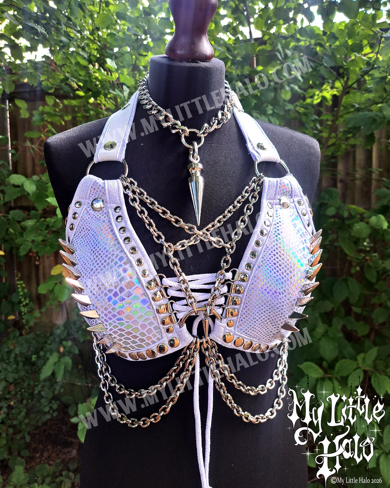 White Holographic Snakeskin Dragonclaw Spiked Bikini Top