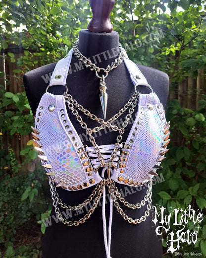 White Holographic Snakeskin Dragonclaw Spiked Bikini Top