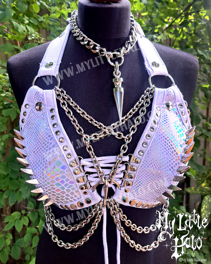 White Holographic Snakeskin Dragonclaw Spiked Bikini Top