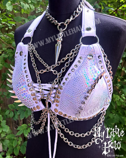 White Holographic Snakeskin Dragonclaw Spiked Bikini Top