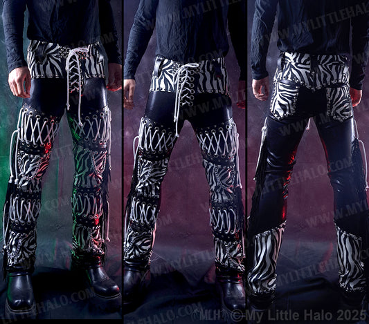 Men’s White Zebra Print Lace up Fringed Pants